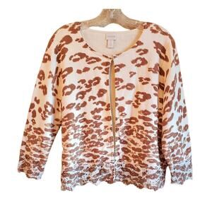 CHICO'S 2 Women 12 14 Charlee Cardigan Sweater Cheetah Cream Beige Crochet 40"